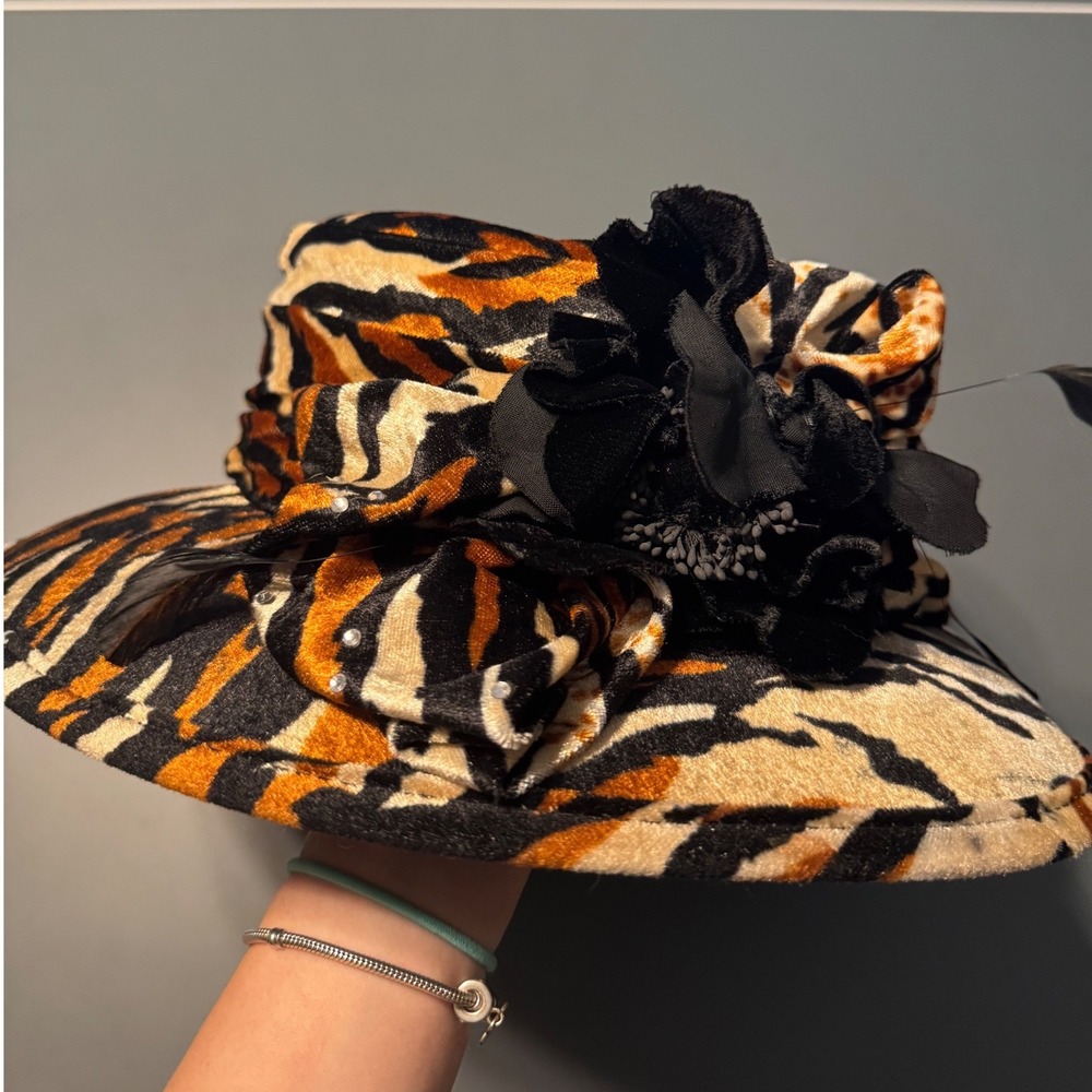 Vintage Tiger Print Statement Hat Black Orange Brown Bow Feather Rhinestone